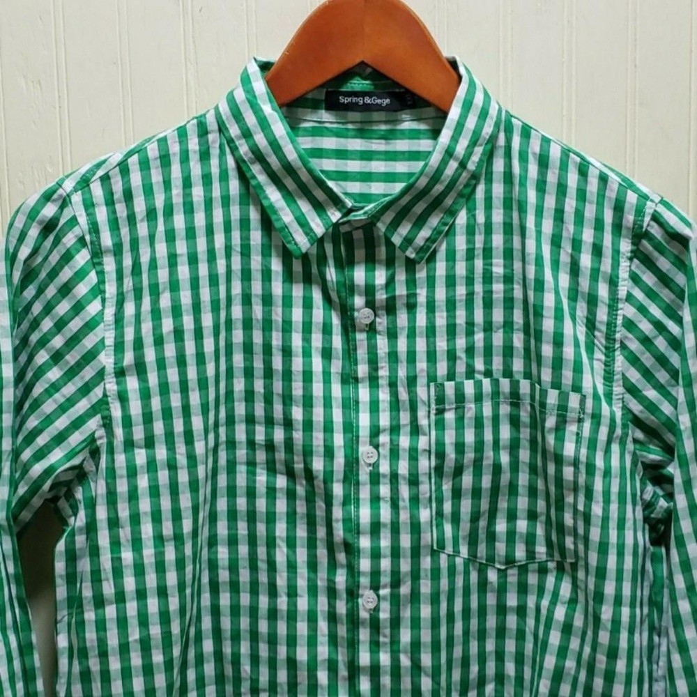 Spring &Gege Shirt Boys 2XL Green White Gingham Button Down Long Sleeve Cotton